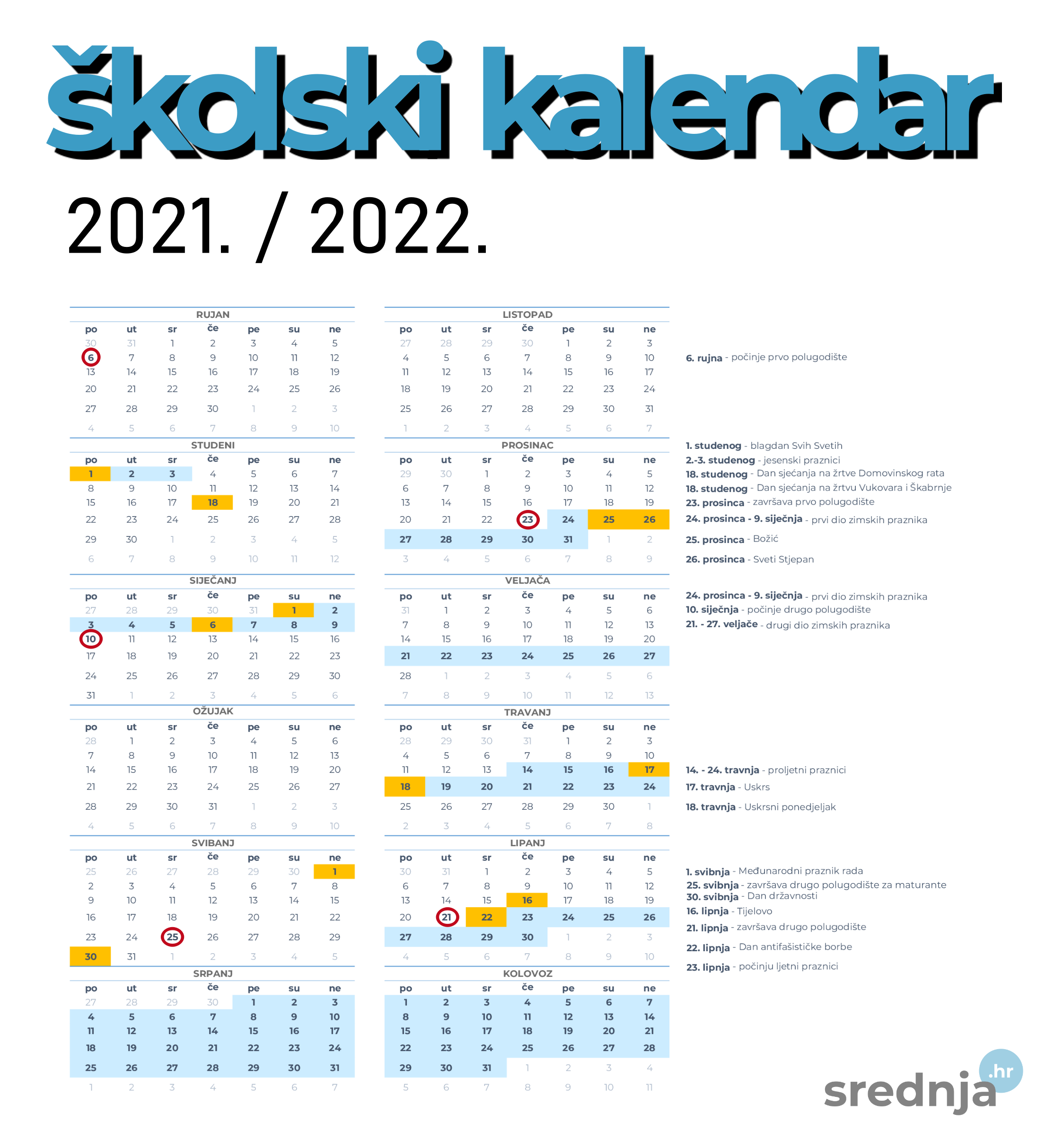 školski kalendar 2021 2022