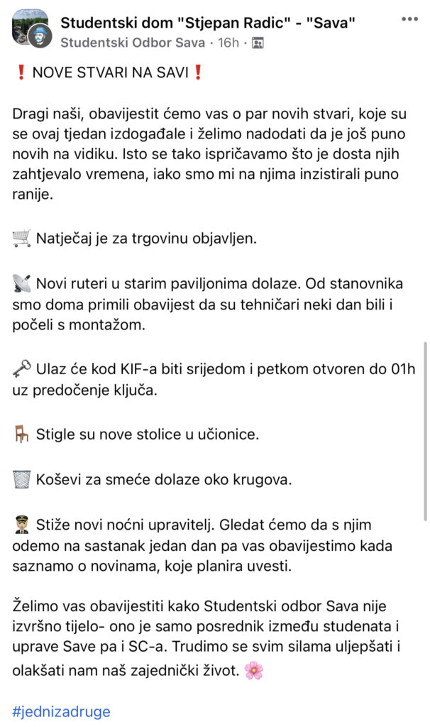 Screenshot objave studentskog odbora doma Stjepan Radić