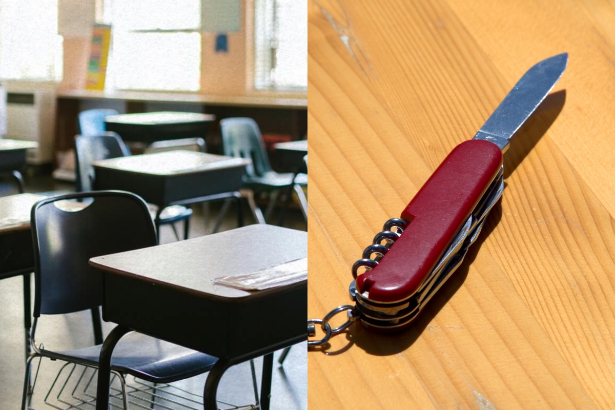 učionica i džepni nož (kolaž)