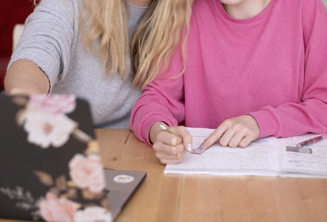 Učenica u rozom puloveru, sjedi za stolom na instrukcijama