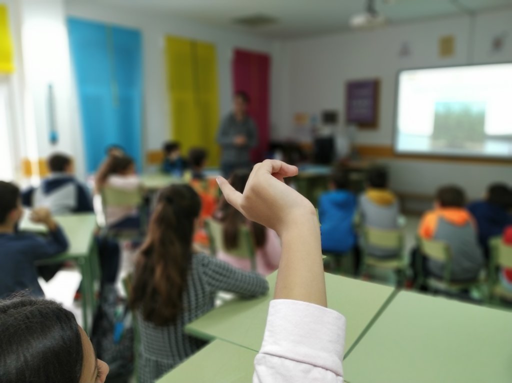 učenik diže ruku u učionici