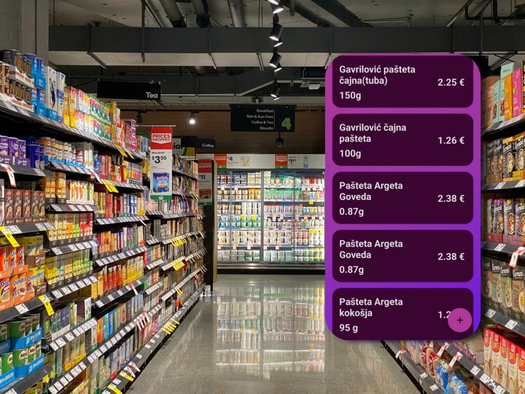 prolaz u trgovini s policama hrane i screenshot aplikacije za praćenje cijena koju su napravili učenici