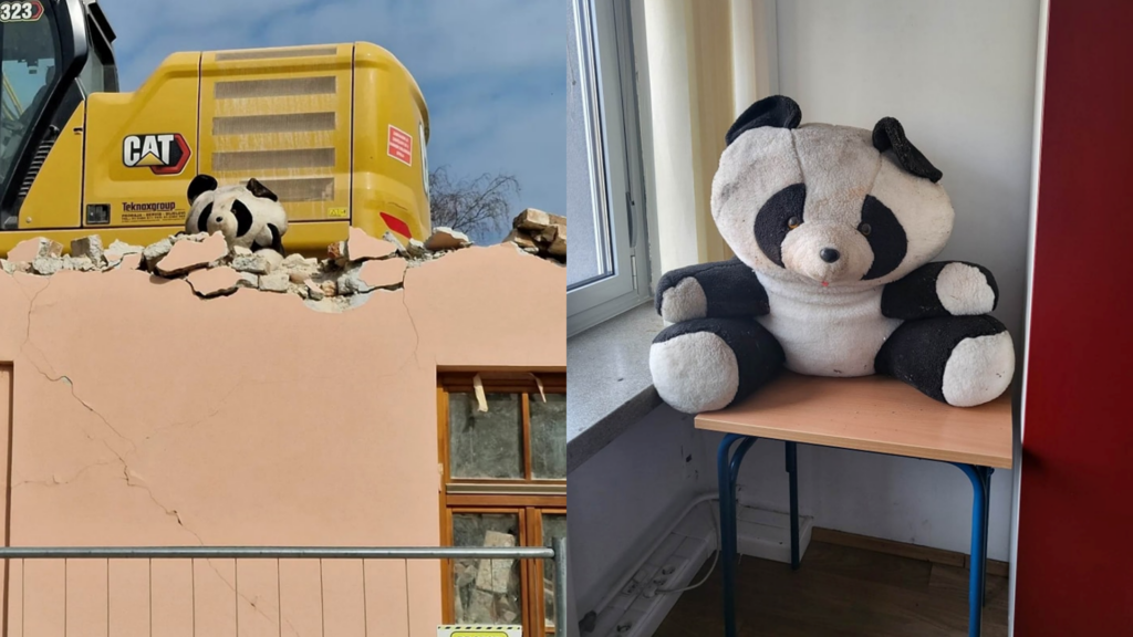 plišani medvjedić pande u ruševinama nakon potresa u Sisku
