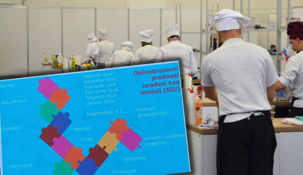 tablica s općeobrazovnim predmetima koji su izrađeni u obliku modula u modularnoj nastavi za strukovne škole, učenici kuhari u pozadini