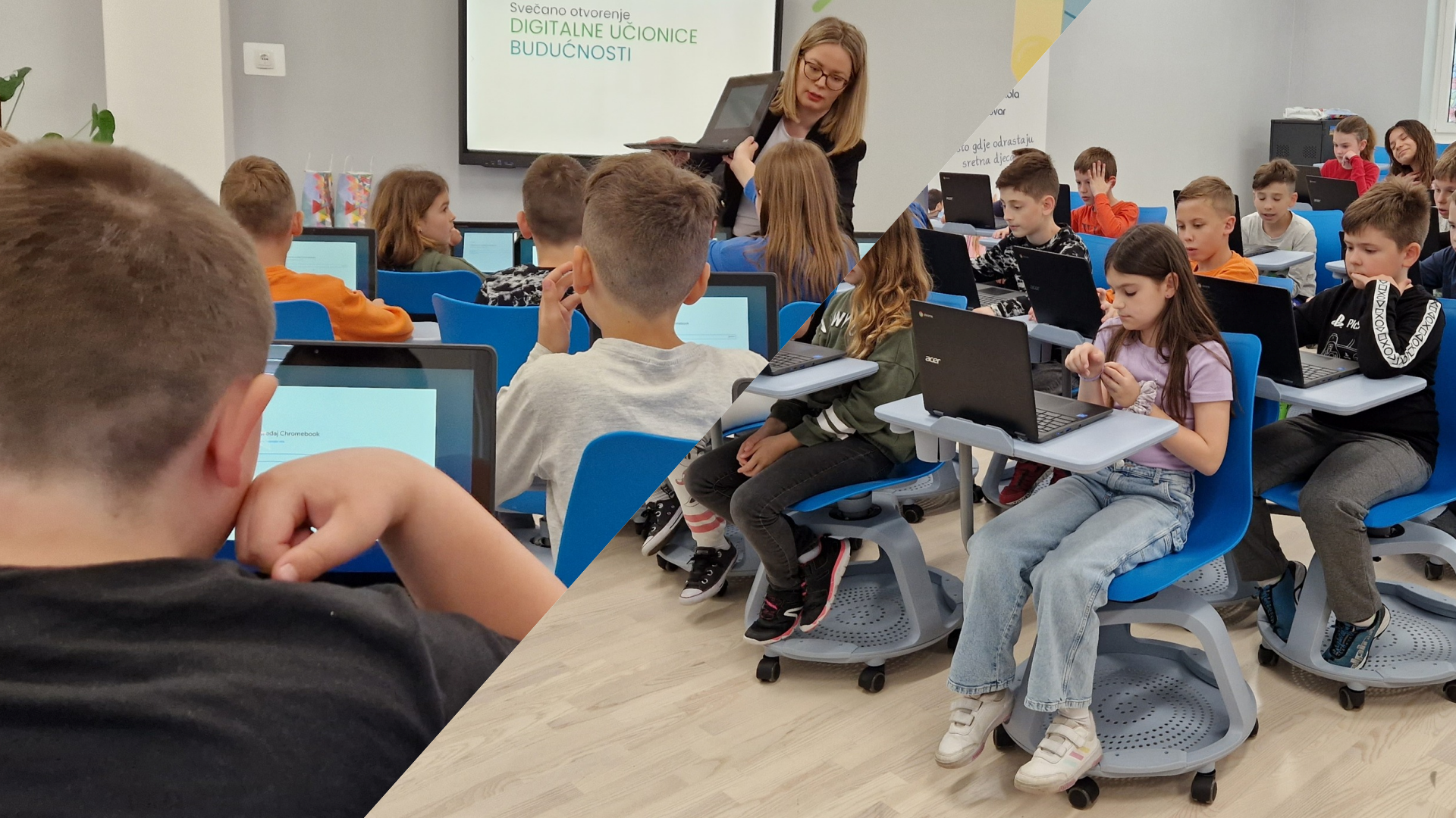 učenici u digitalnoj učionici na posebnim stolicama i s laptopima na stolovima