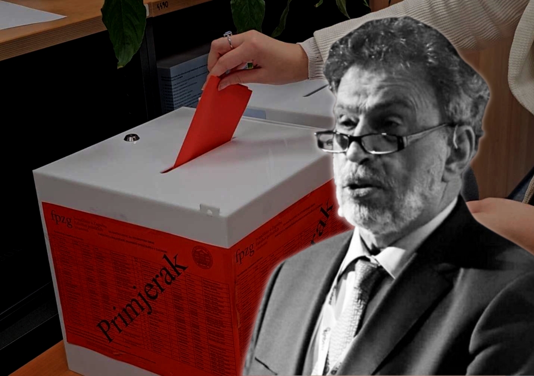 crno bijela slika ministra radovana fuchsa, u pozadini glasačka kutija za studentske izbore na sveučilištu u zagrebu