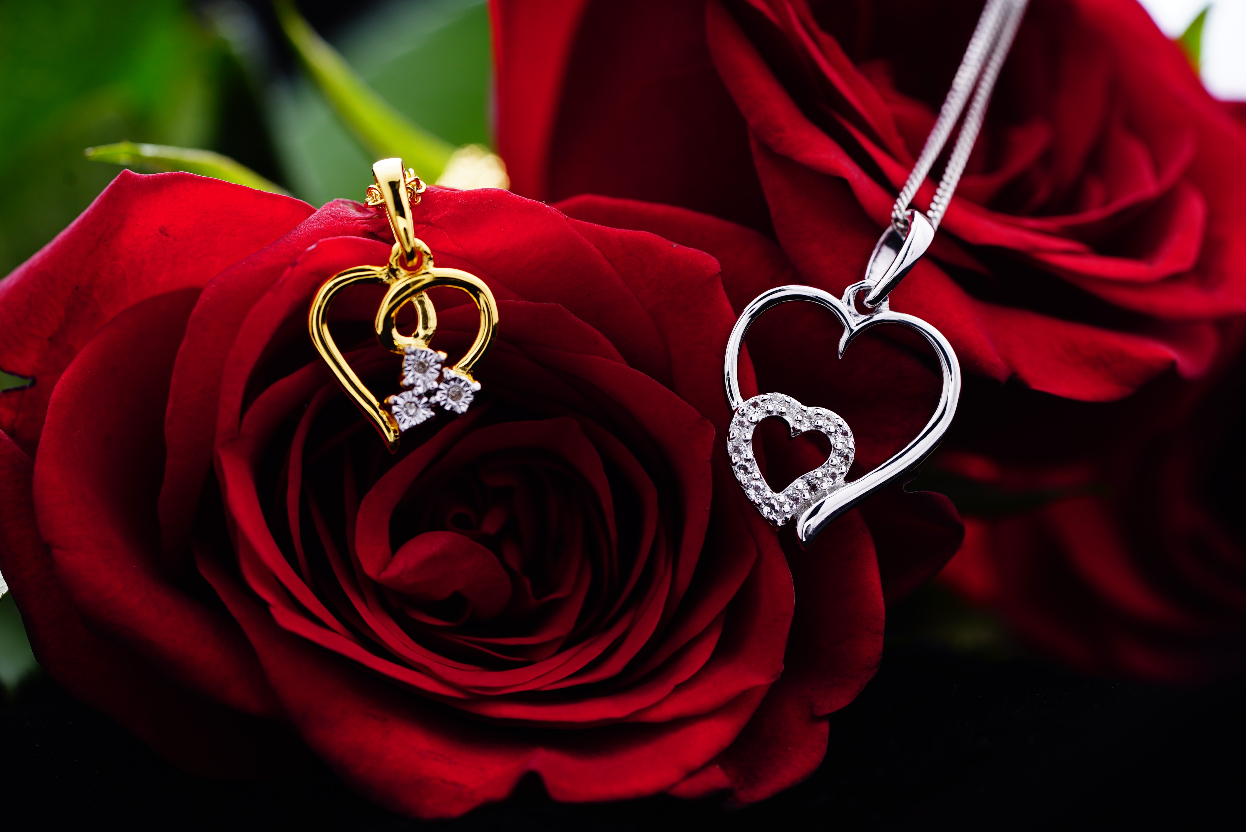 zlatna i srebrna ogrlica s motivom srca na ružama
