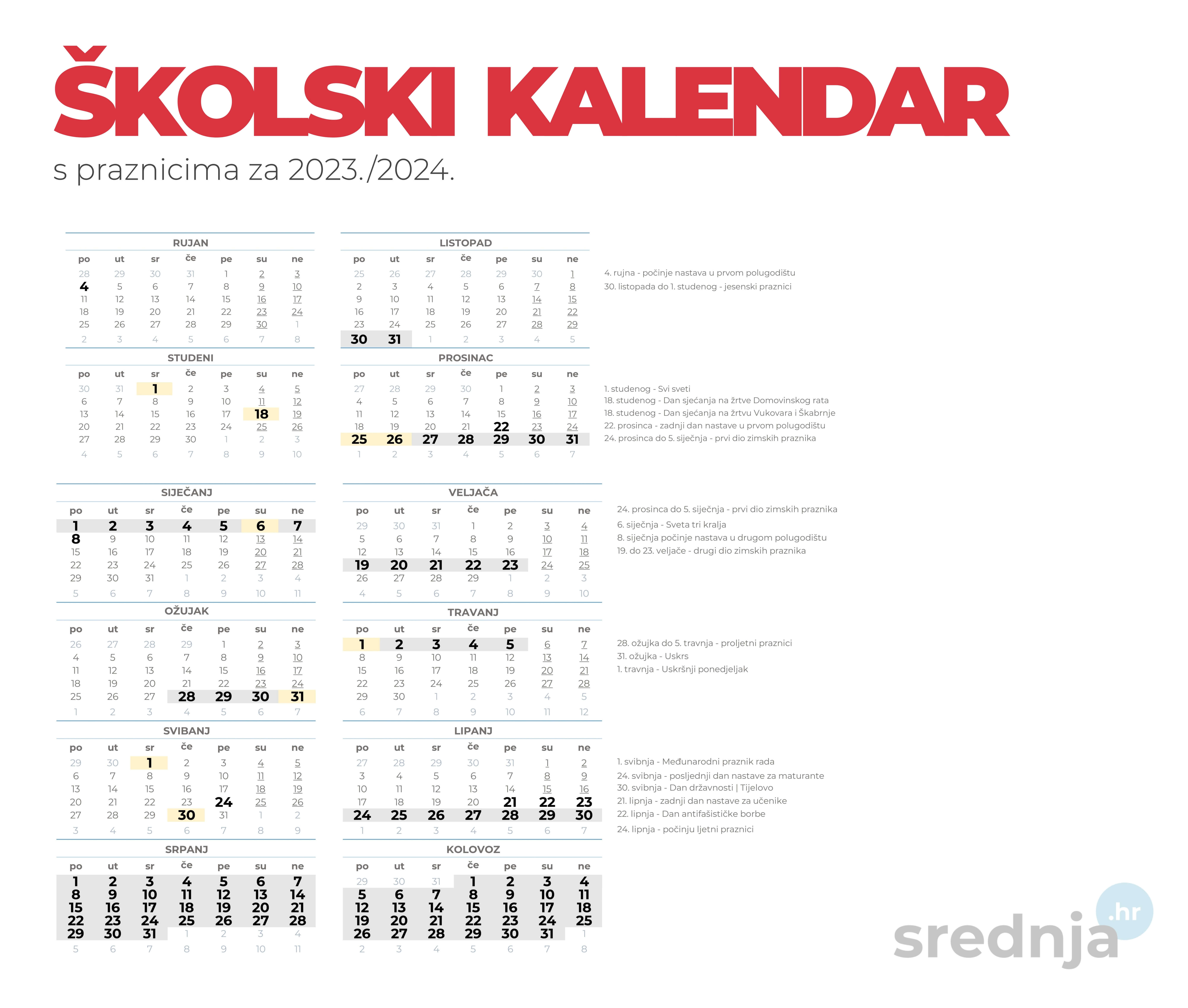 Školski kalendar s praznicima za 2023./2024. godinu