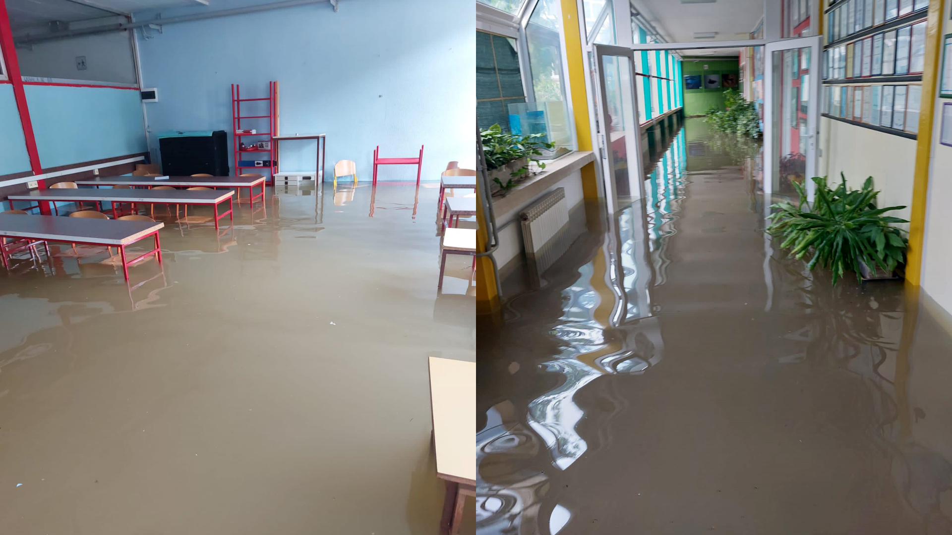 poplavljena učionica i hodnik u srednjoj školi obrovac, voda prelazi sjedala stolica u školskim klupama