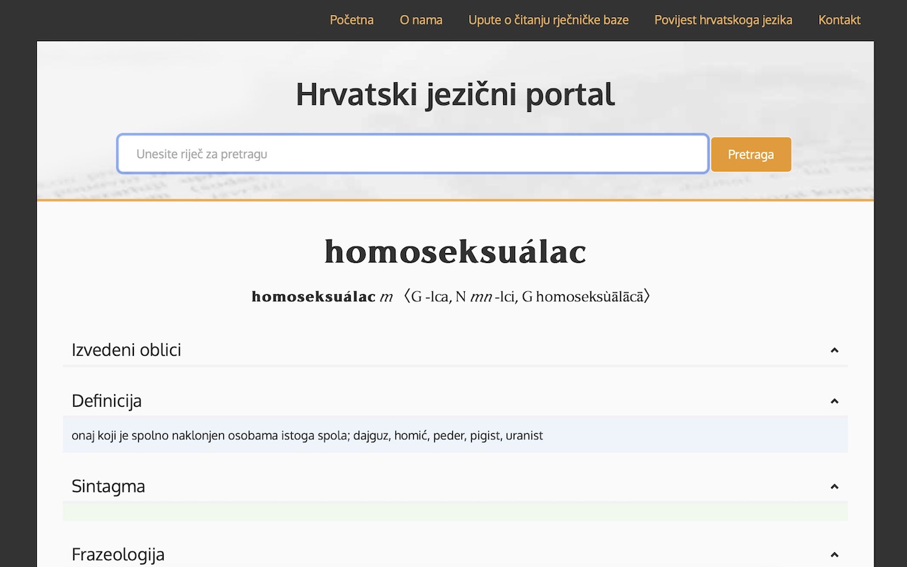 riječ homoseksualac na hrvatskom jezičnom portalu, screenshot sučelja