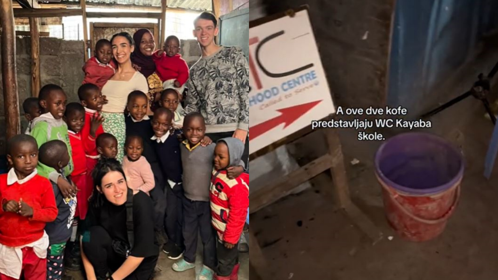 studentica iz srbije koja volontira u africi s učenicima i kanta koja predstavlja wc u školi