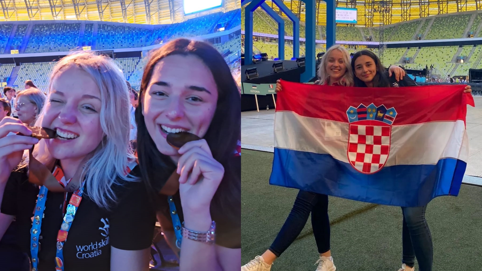 prva fotka njih dvije kako grizu medalje, druga fotka njih sa hrvatskom zastavom