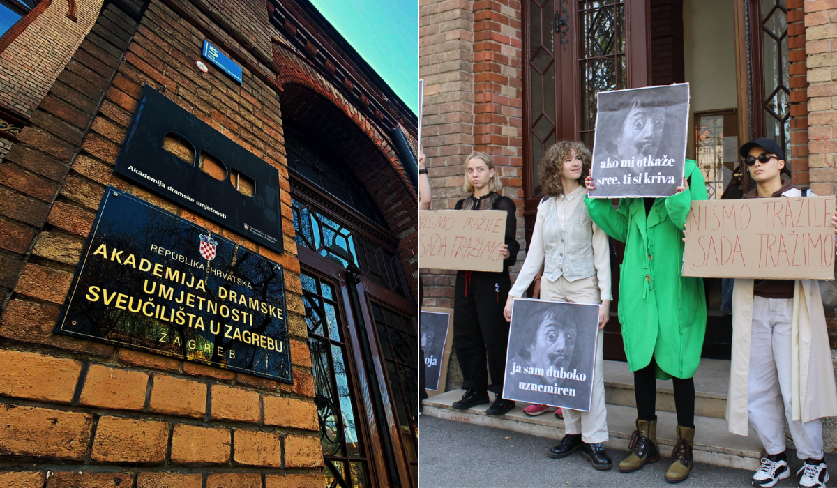 Tabla Akademije dramskih umjetnost i studenti koji prosvjeduju ispred akademije