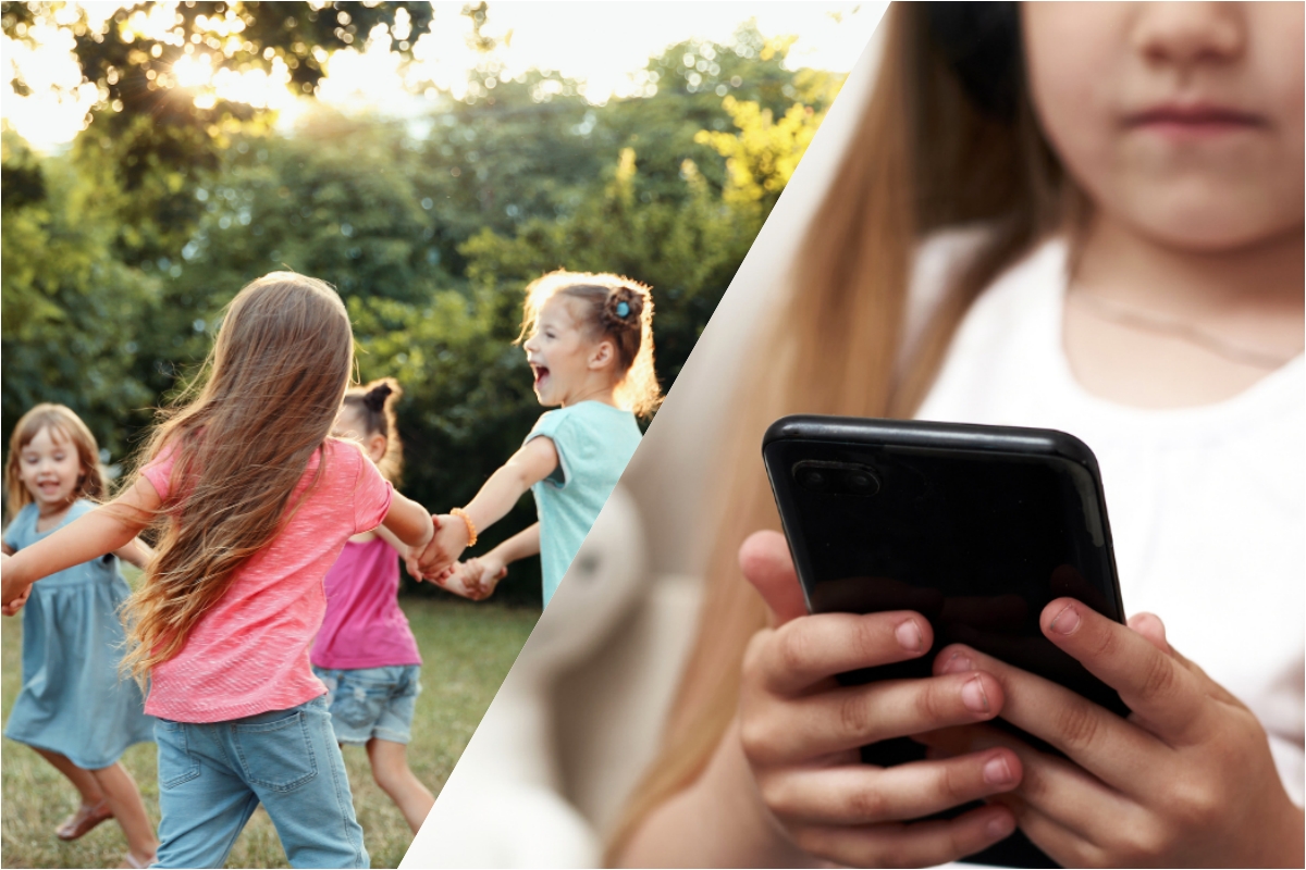 Kolaž fotografija djece koja se igraju i djevojčice na mobitelu