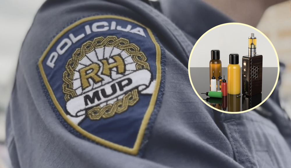 policajac kojem je na rmenu oznaka MUP RH i pokraj oblačić s ilustracijom e-cigareta
