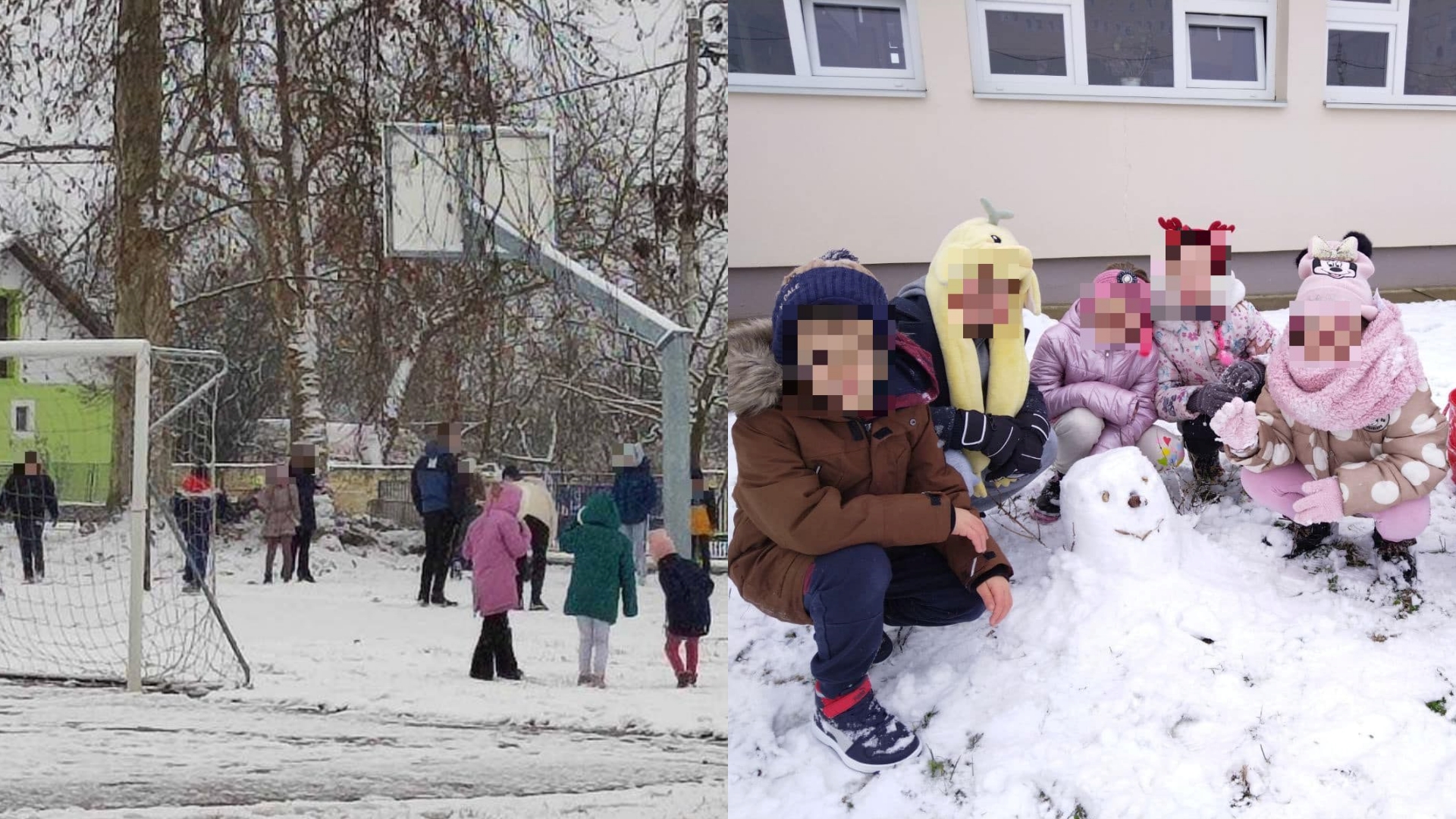 uečnici koja se igraju u snijegu na školskom dvorištu, grudanju se i rade snjegovića