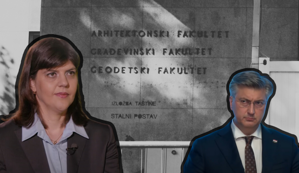 Lijevo glavna europska tužiteljica Laura Kövesi, desno premijer Andrej Plenković te u pozadini zgrada Geodetskog fakulteta