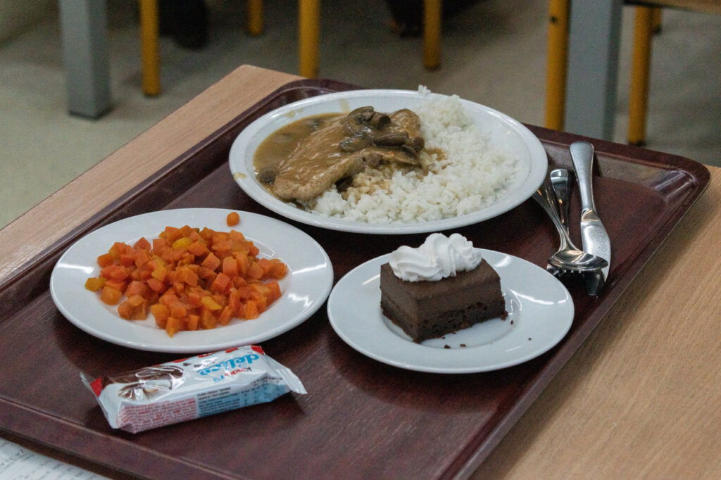 obrok u osječkoj menzi - kolač, mrkva, čokoladica, svinjetina, riža
