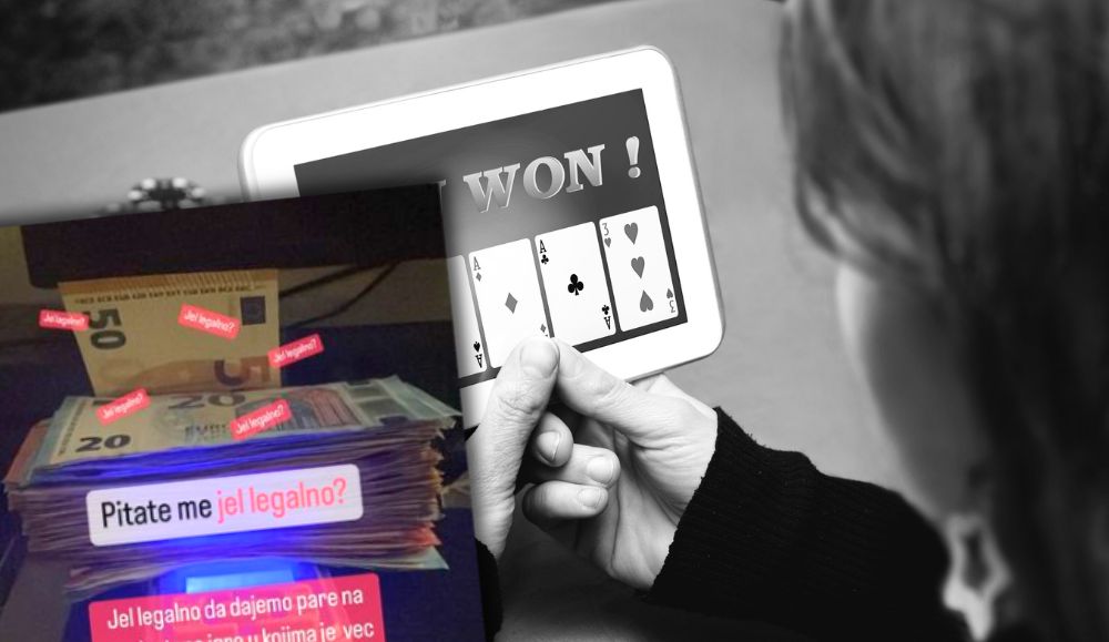 u pozadini zena koja drži tablet gdje je aplikacija za online kasino, naprijed screenshot prevaranata na instagramu