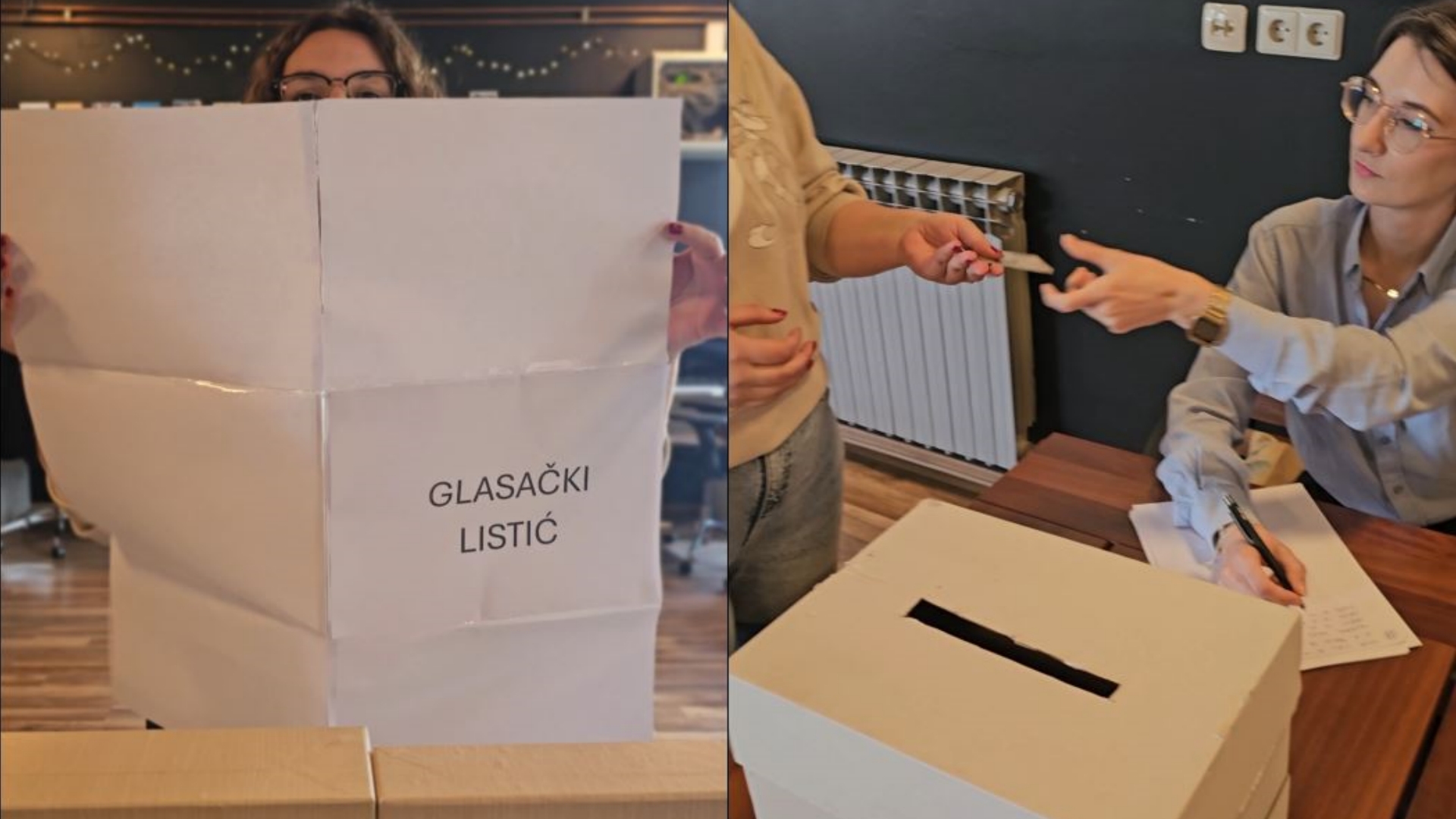 prva slika lijevo ogromni glasački listić, durga slika desno glasačka kutija