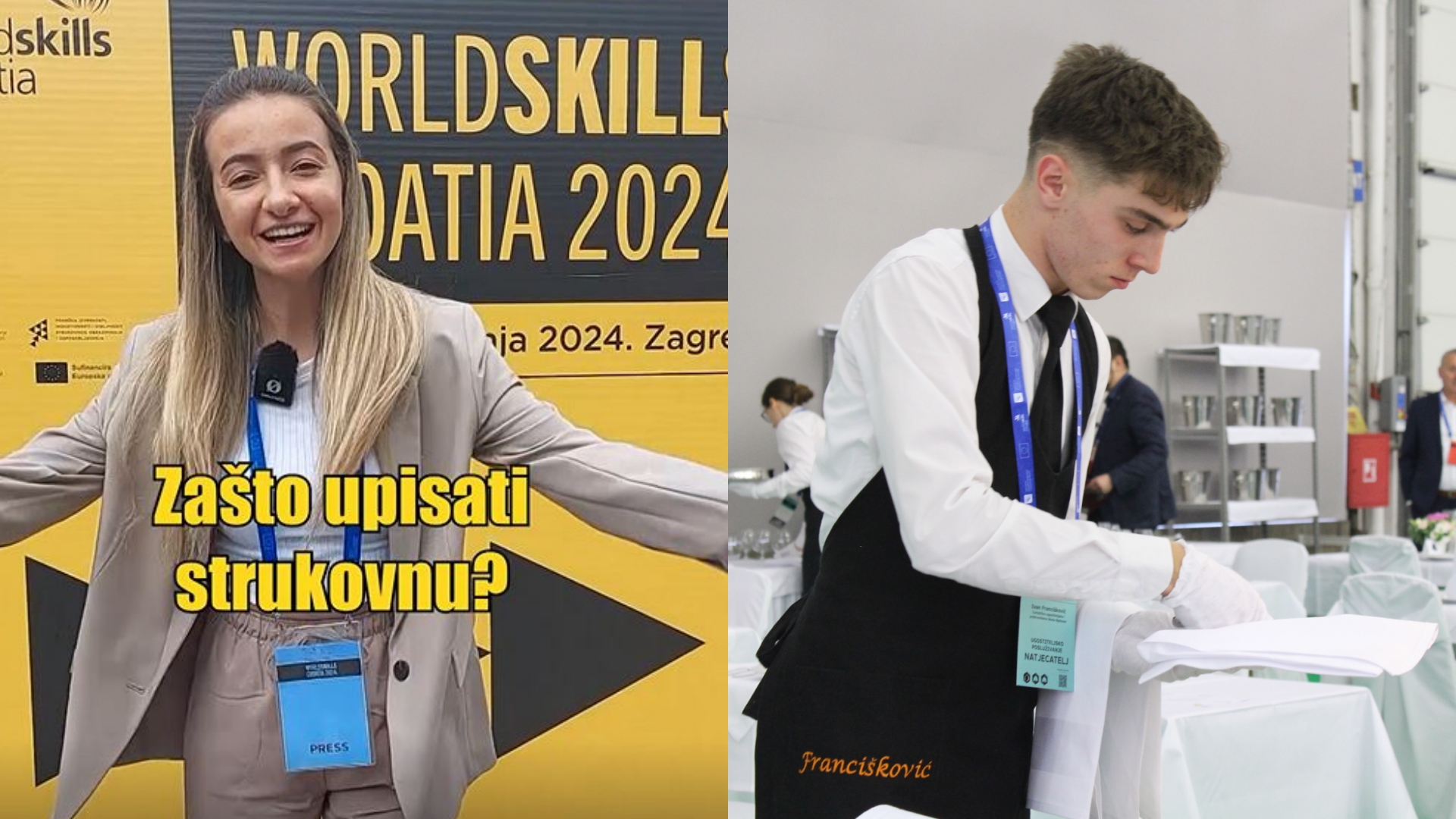 Influencerica Glora Berger na WorldSkills Croatia 2024 ispred plakata, druga fotka konobar učenik na natjecanju